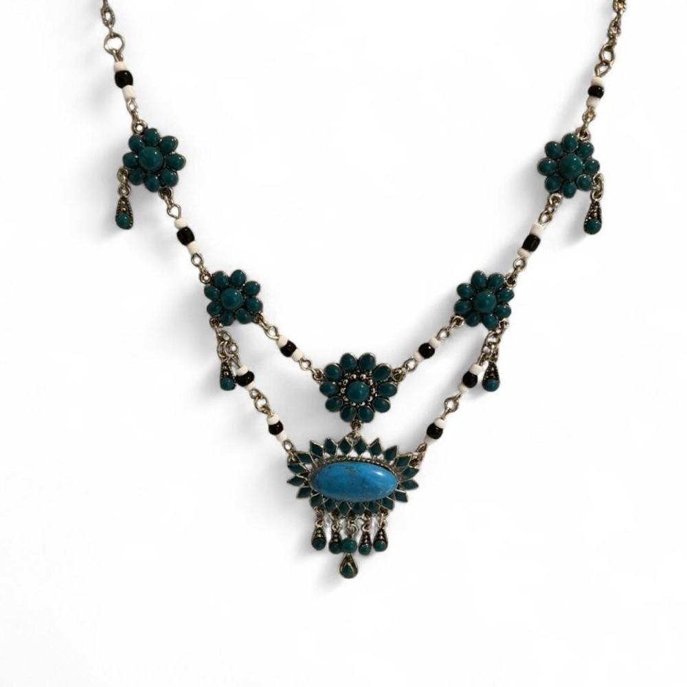 Unbranded Bib Necklace Women OS Turquoise Silver Excellent Boho Floral Statement